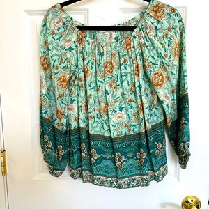 Turquoise Floral Boho peasant blouse